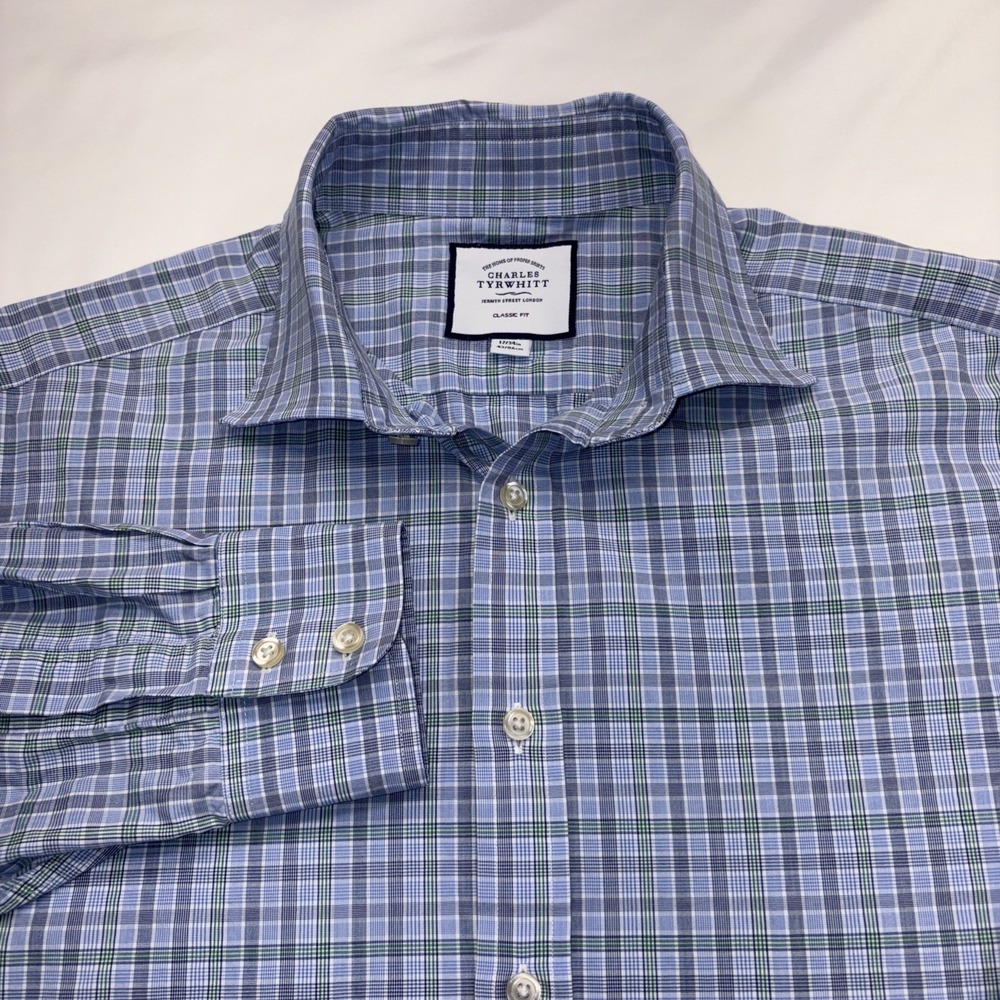 Charles Tyrwhitt Shirt Men's Size 17x34 Blue Plaid Long Sleeve Dress